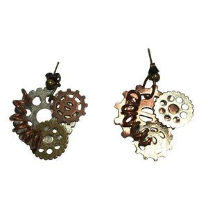 Steampunk Handmade Mixed Metal Gear Stud Earrings Copper Brass Silver Tone